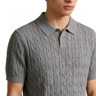 Grey Cable Knit Short-Sleeve Polo Shirt view 2