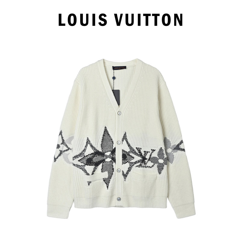 Cream Wool Blend Cardigan with Black Feather Intarsia Pattern view