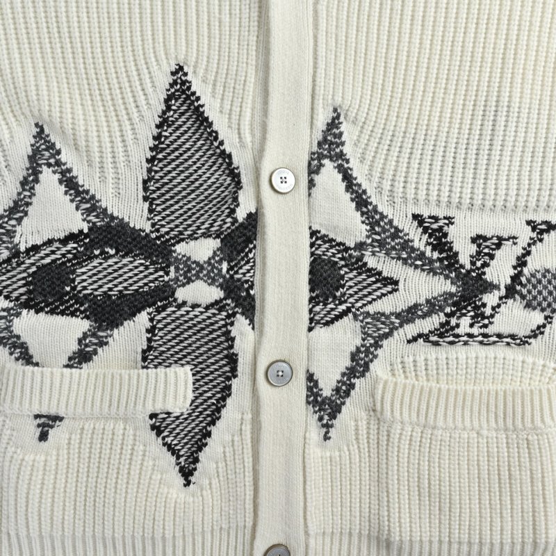 Cream Wool Blend Cardigan with Black Feather Intarsia Pattern view