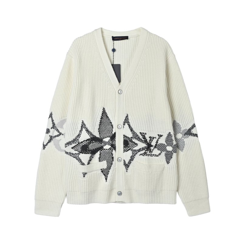 Cream Wool Blend Cardigan with Black Feather Intarsia Pattern view
