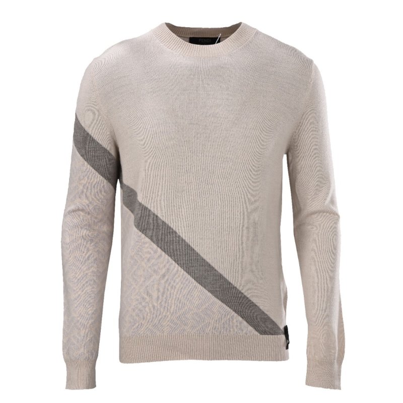 Fendi Diagonal Stripe Wool Blend Crew Neck Sweater Cream