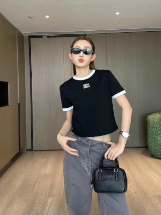 Miu Miu Black Crewneck Short Sleeve T-Shirt with White Trim view 2