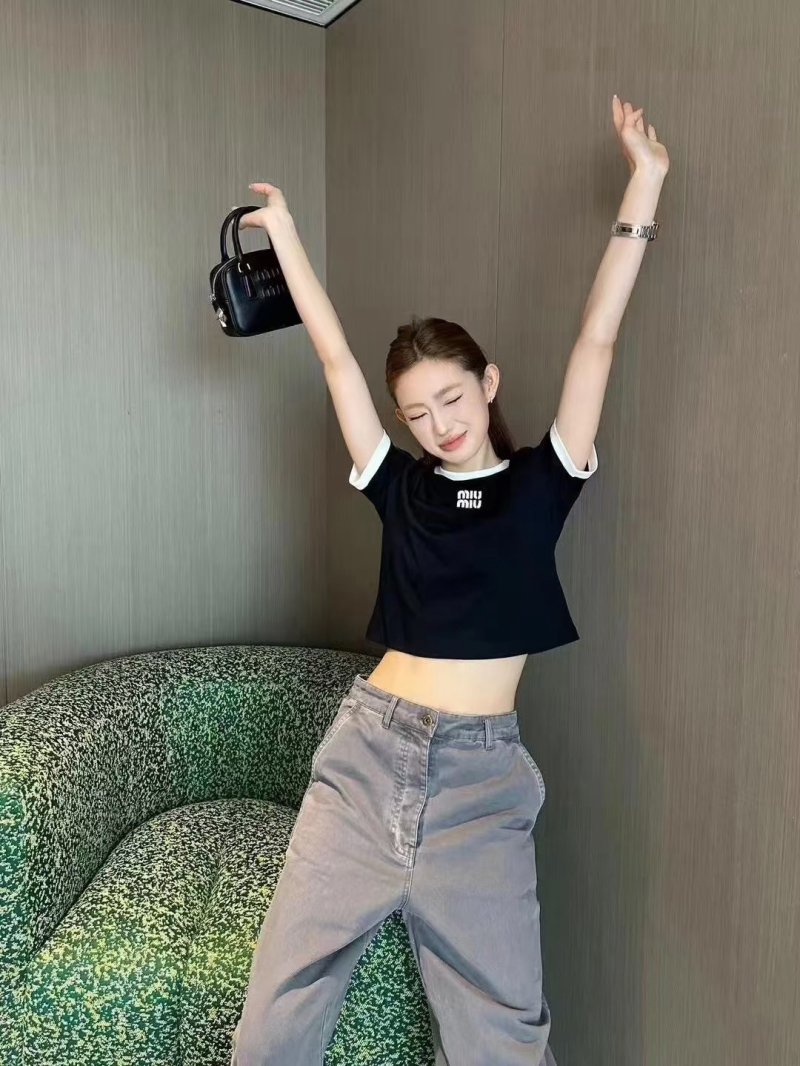 Miu Miu Black Crewneck Short Sleeve T-Shirt with White Trim view