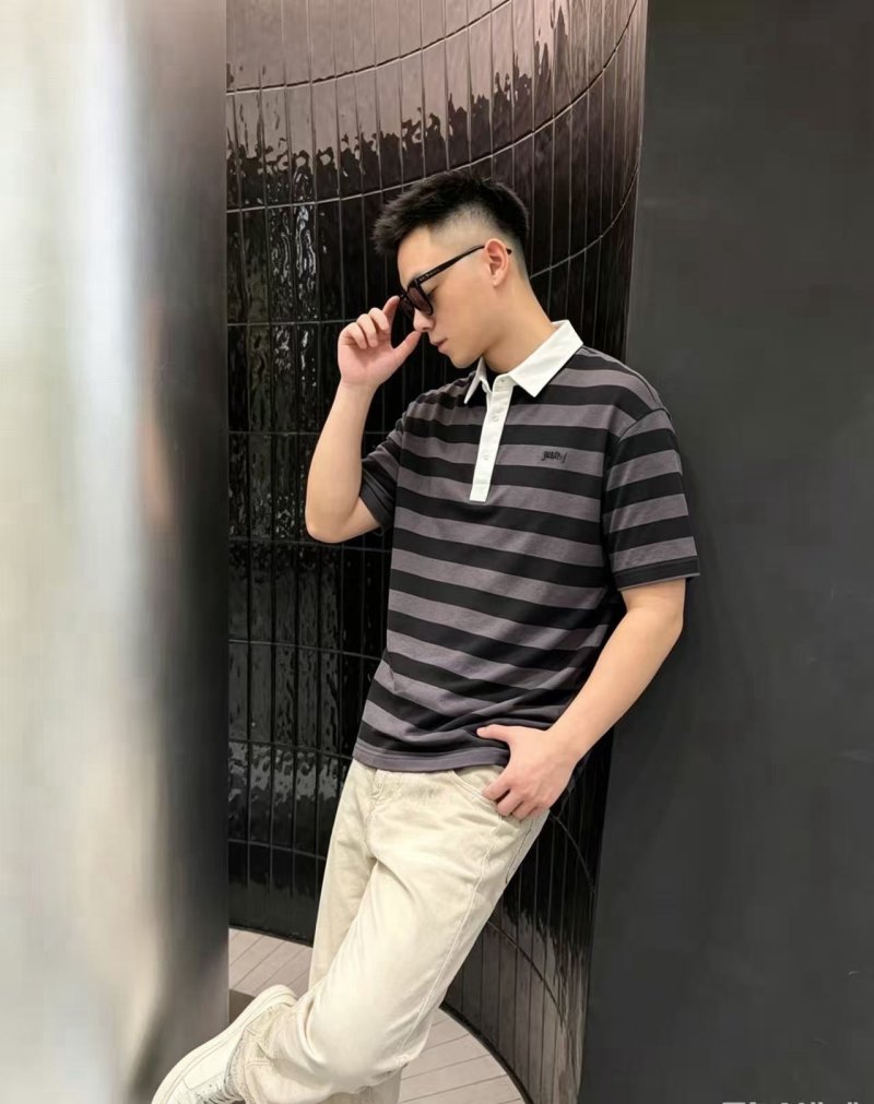 Black & Grey Striped Polo Shirt with White Collar