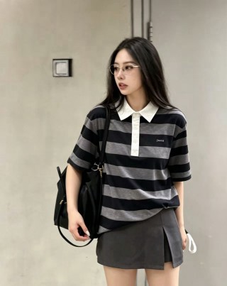 Black & Grey Striped Polo Shirt with White Collar view 3