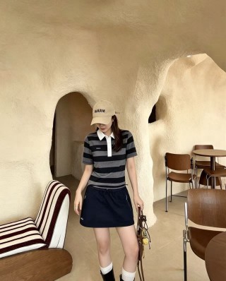 Black & Grey Striped Polo Shirt with White Collar view 5