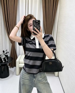 Black & Grey Striped Polo Shirt with White Collar view 8
