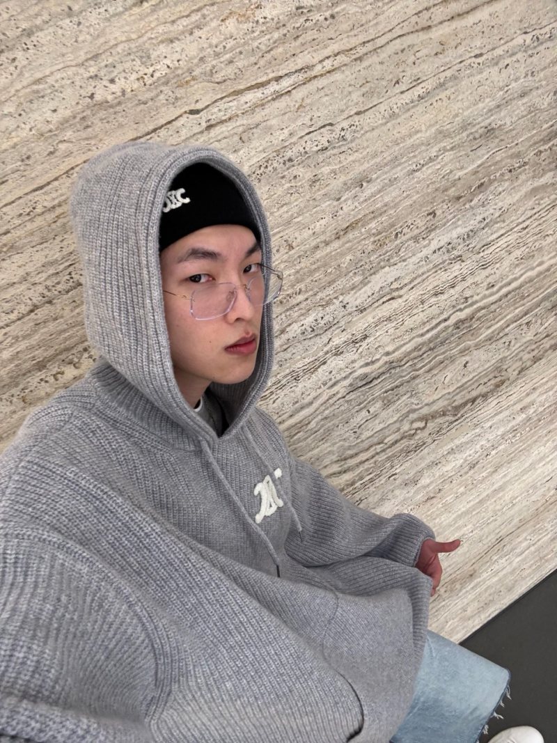 Grey Ribbed Knit Hoodie with Embroidered Logo