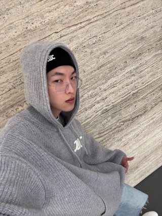 Grey Ribbed Knit Hoodie with Embroidered Logo view 1