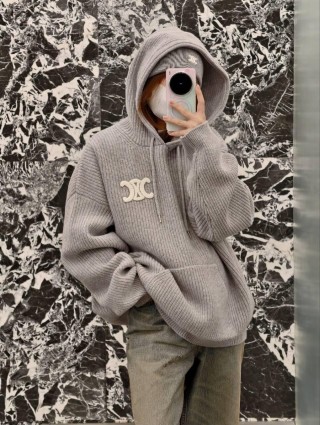 Grey Ribbed Knit Hoodie with Embroidered Logo view 2