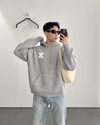 Grey Ribbed Knit Hoodie with Embroidered Logo view 3