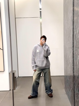 Grey Ribbed Knit Hoodie with Embroidered Logo view 4