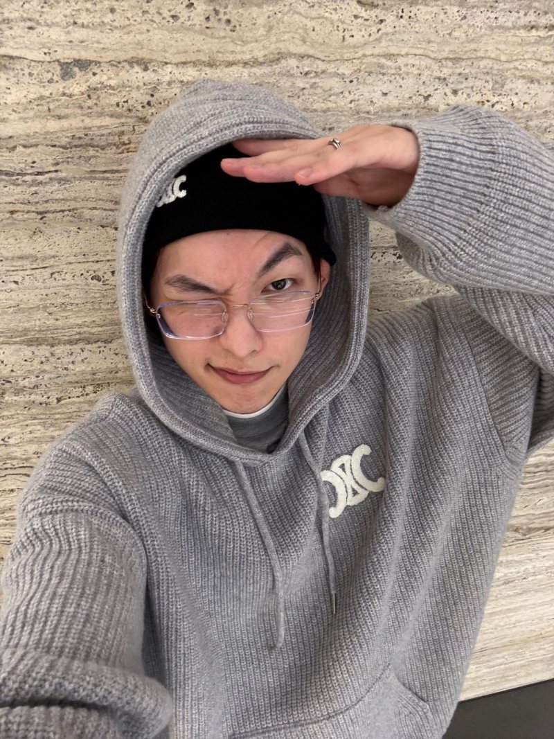 Grey Ribbed Knit Hoodie with Embroidered Logo view