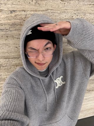 Grey Ribbed Knit Hoodie with Embroidered Logo view 5