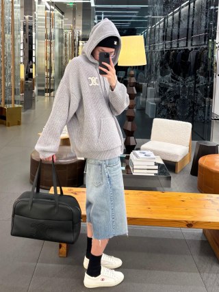 Grey Ribbed Knit Hoodie with Embroidered Logo view 6
