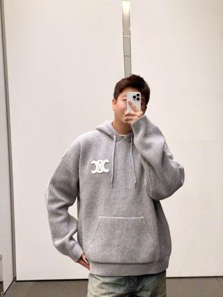 Grey Ribbed Knit Hoodie with Embroidered Logo view 7