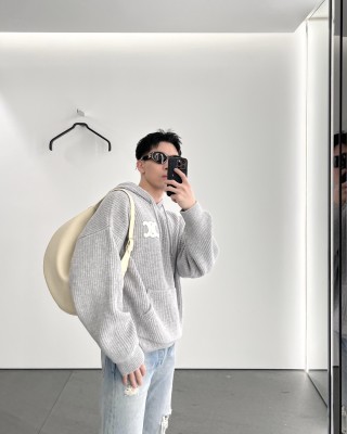 Grey Ribbed Knit Hoodie with Embroidered Logo view 8