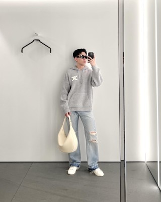 Grey Ribbed Knit Hoodie with Embroidered Logo view 9
