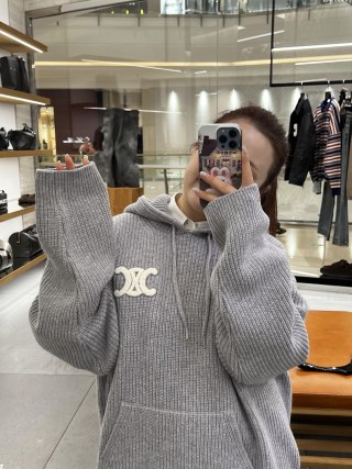 Grey Ribbed Knit Hoodie with Embroidered Logo view 10