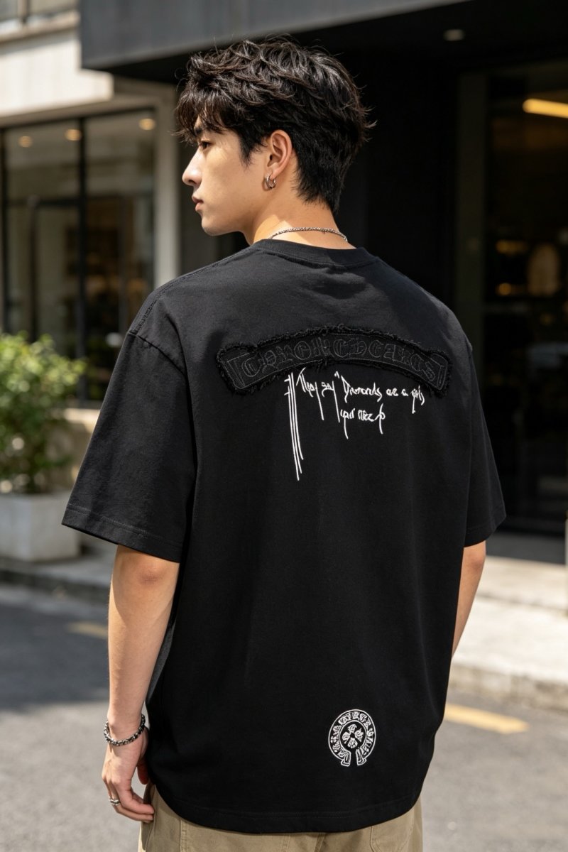 Black Graphic Print Short Sleeve T-Shirt with Embroidered Back Design