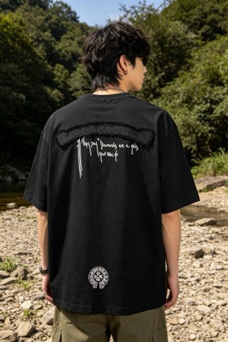 Black Graphic Print Short Sleeve T-Shirt with Embroidered Back Design view 2
