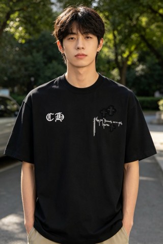 Black Graphic Print Short Sleeve T-Shirt with Embroidered Back Design view 3