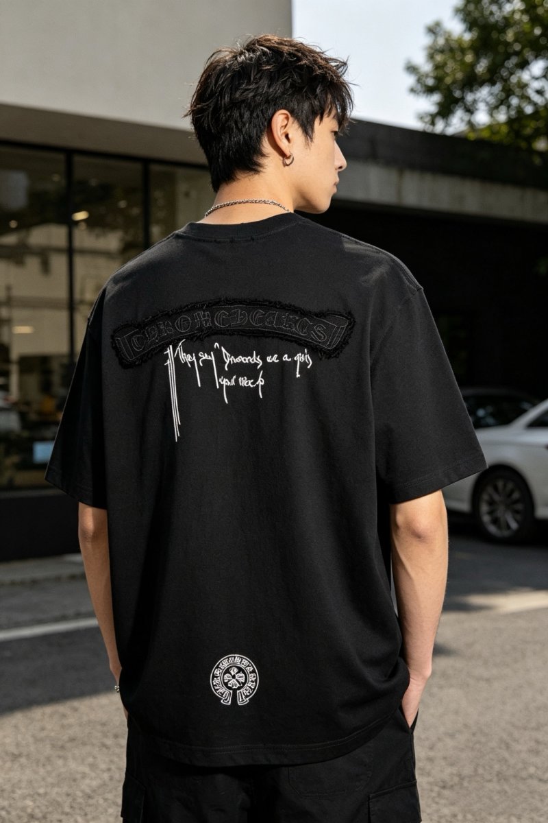 Black Graphic Print Short Sleeve T-Shirt with Embroidered Back Design view