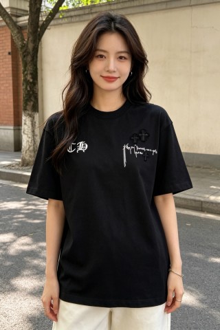 Black Graphic Print Short Sleeve T-Shirt with Embroidered Back Design view 5