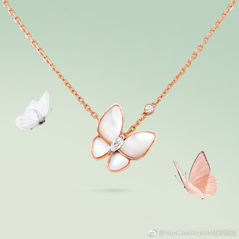 Van Cleef & Arpels Butterfly Mother-of-Pearl Diamond Necklace Rose Gold