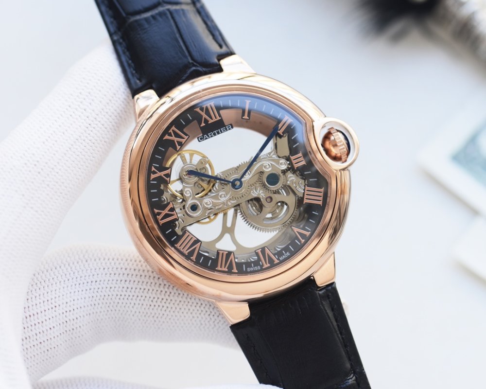Cartier Ballon Bleu Skeleton Rose Gold Black Leather Watch