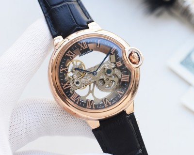 Cartier Ballon Bleu Skeleton Rose Gold Black Leather Watch