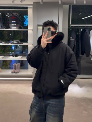Black Puffer Jacket with Faux Fur Collar view 1