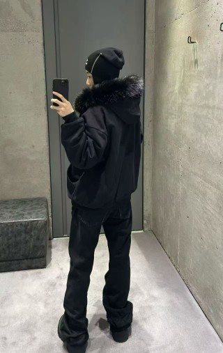 Black Puffer Jacket with Faux Fur Collar view 2