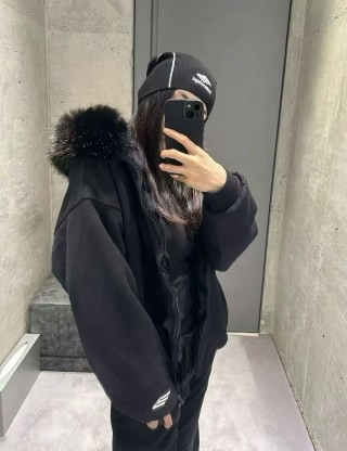 Black Puffer Jacket with Faux Fur Collar view 3