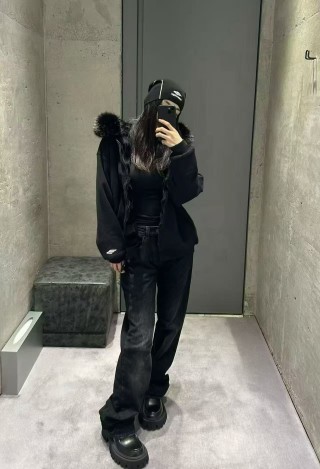 Black Puffer Jacket with Faux Fur Collar view 4