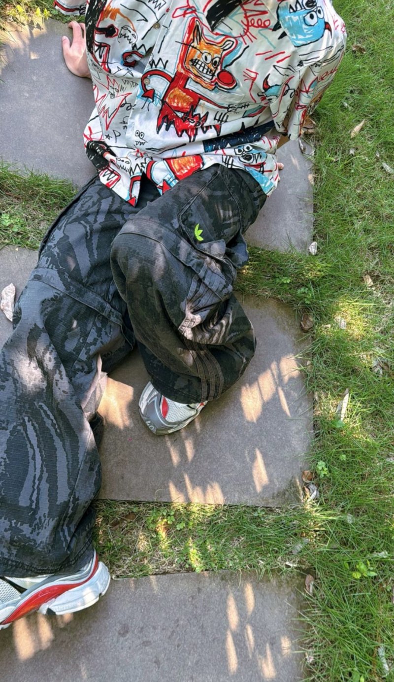 Black Camo Cargo Jeans with Neon Accent