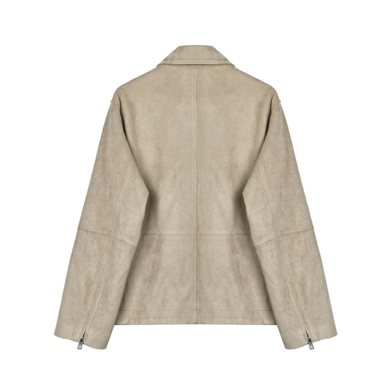 Beige Zip-Up Bomber Jacket with Ribbed Hem view