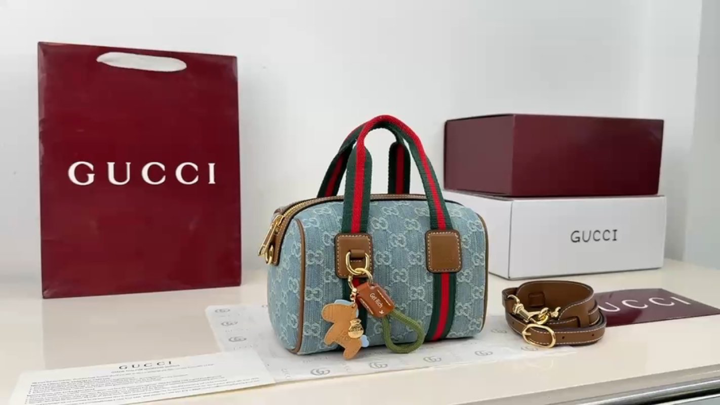 Gucci GG Canvas Boston Bag Light Blue with Web Straps