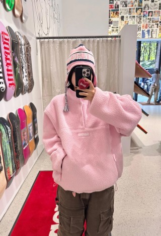 Pink Fleece Half-Zip Oversized Jacket view 2
