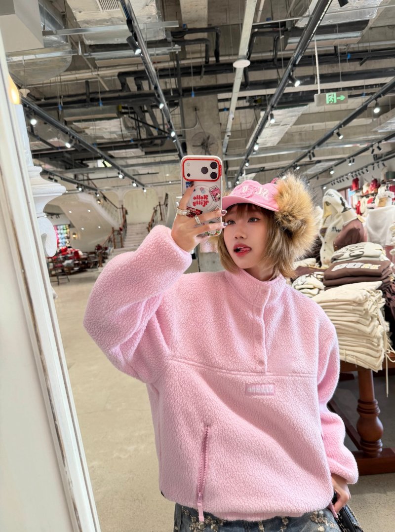 Pink Fleece Half-Zip Oversized Jacket view