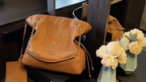 YSL Quilted Chain Shoulder Bag Tan