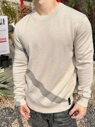 Cream Knit Crew Neck Sweater with Grey Wave Pattern view 1