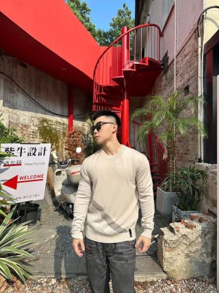 Cream Knit Crew Neck Sweater with Grey Wave Pattern view 2