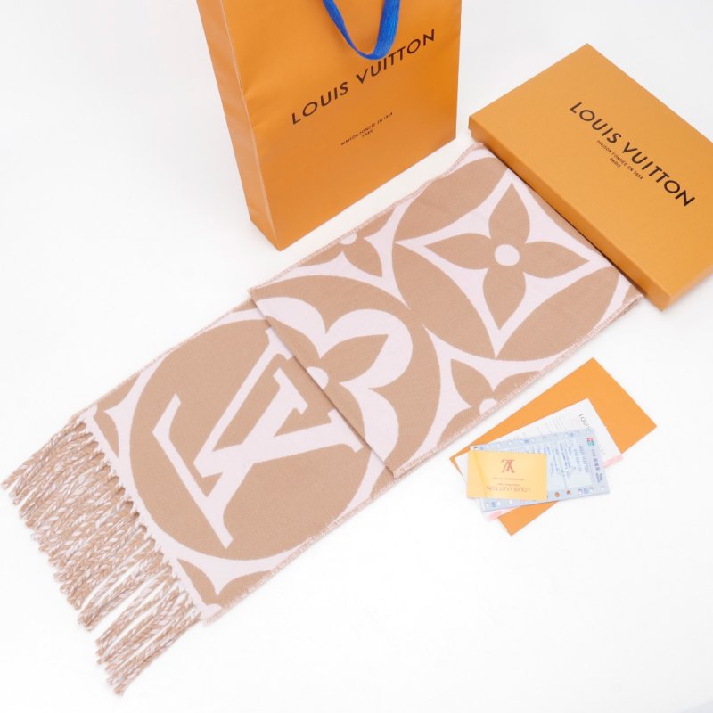 Louis Vuitton LV Monogram Double-Face Wool Cashmere Fringe Scarf Beige