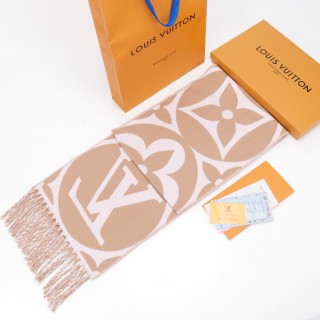 Louis Vuitton LV Monogram Double-Face Wool Cashmere Fringe Scarf Beige view 1