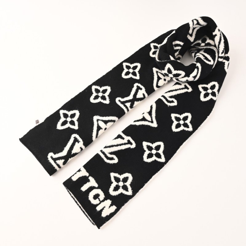 Louis Vuitton Black & White Embossed Logo Wool Scarf