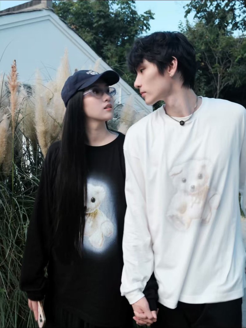 Black Oversized Long Sleeve T-Shirt with White Dog Graphic view