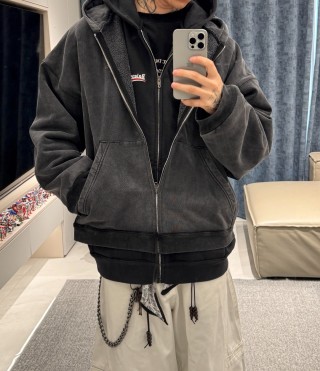 Charcoal Washed Denim Zip Hoodie Jacket