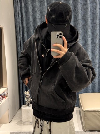 Charcoal Washed Denim Zip Hoodie Jacket view 2