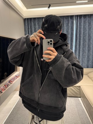 Charcoal Washed Denim Zip Hoodie Jacket view 4